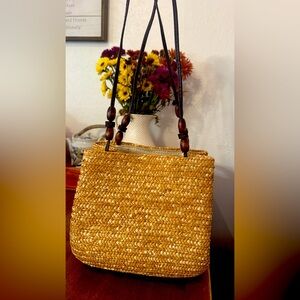 Boho Woven Straw Mini Tote Purse with Wooden Bead Handles